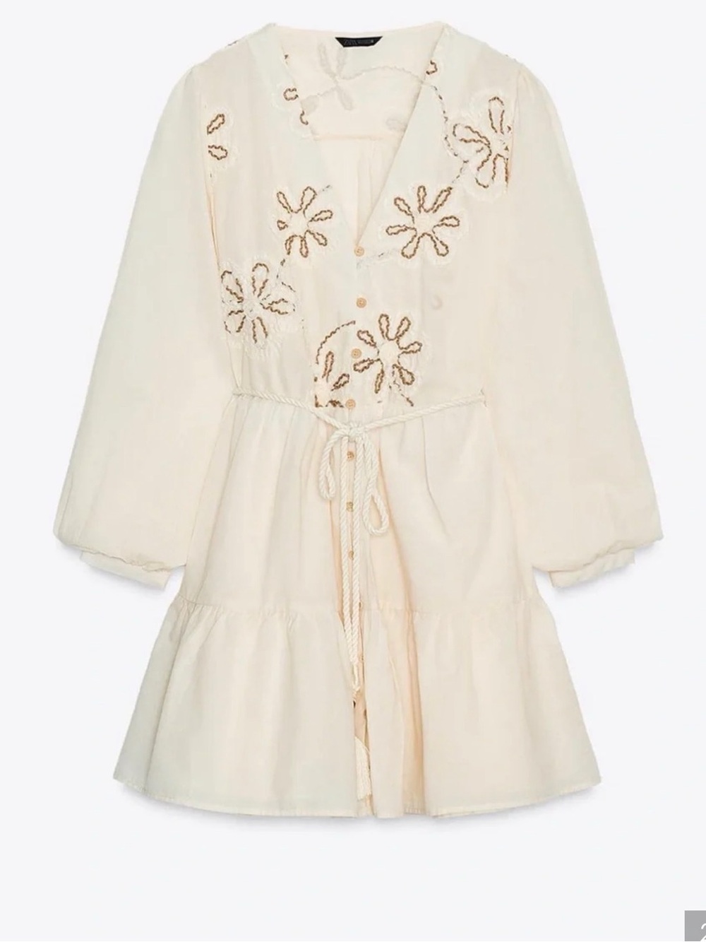 Zara Cream Embroidered Tie-Waist Mini Dress- Medium